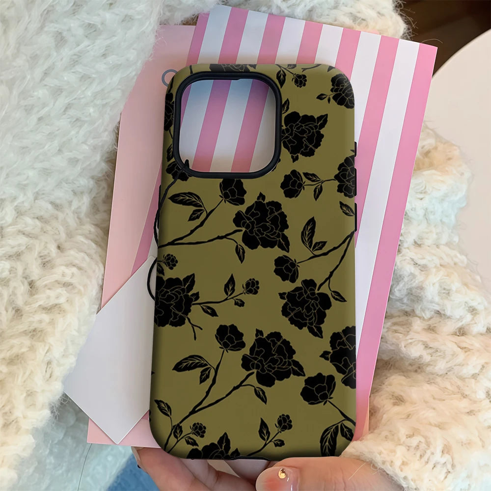 Black Floral on Olive IPhone17 Must-Haves Phone Case for IPhone 17 16 15 14 13 12 11 Pro Max Plus Double-layer Back Cover