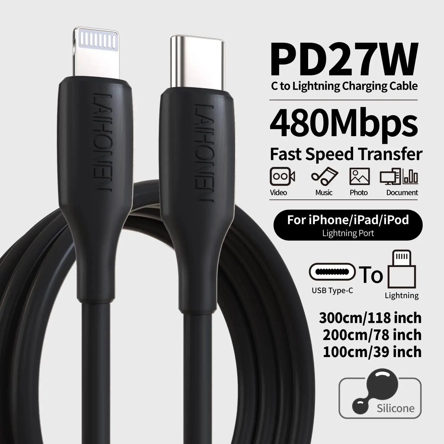 27W PD Fast Charging Cable USB-C to Lightning Silicone Data Cable in Macaron Pink, Soft Flexible for iPhone 14 13 12 11 Pro Max