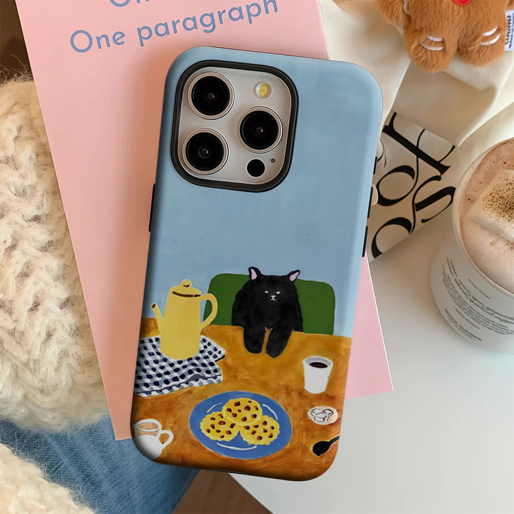 Cozy Black Cat Coffee Time IPhone17 Must-Haves Phone Case for IPhone 17 16 15 14 13 12 Pro Max Plus Double-layer Back Cover