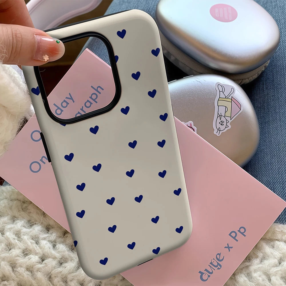Vintage Navy Heart Ditsy IPhone17 Must-Haves Phone Case for IPhone 17 16 15 14 13 12 Pro Max Plus Double-layer Back Cover