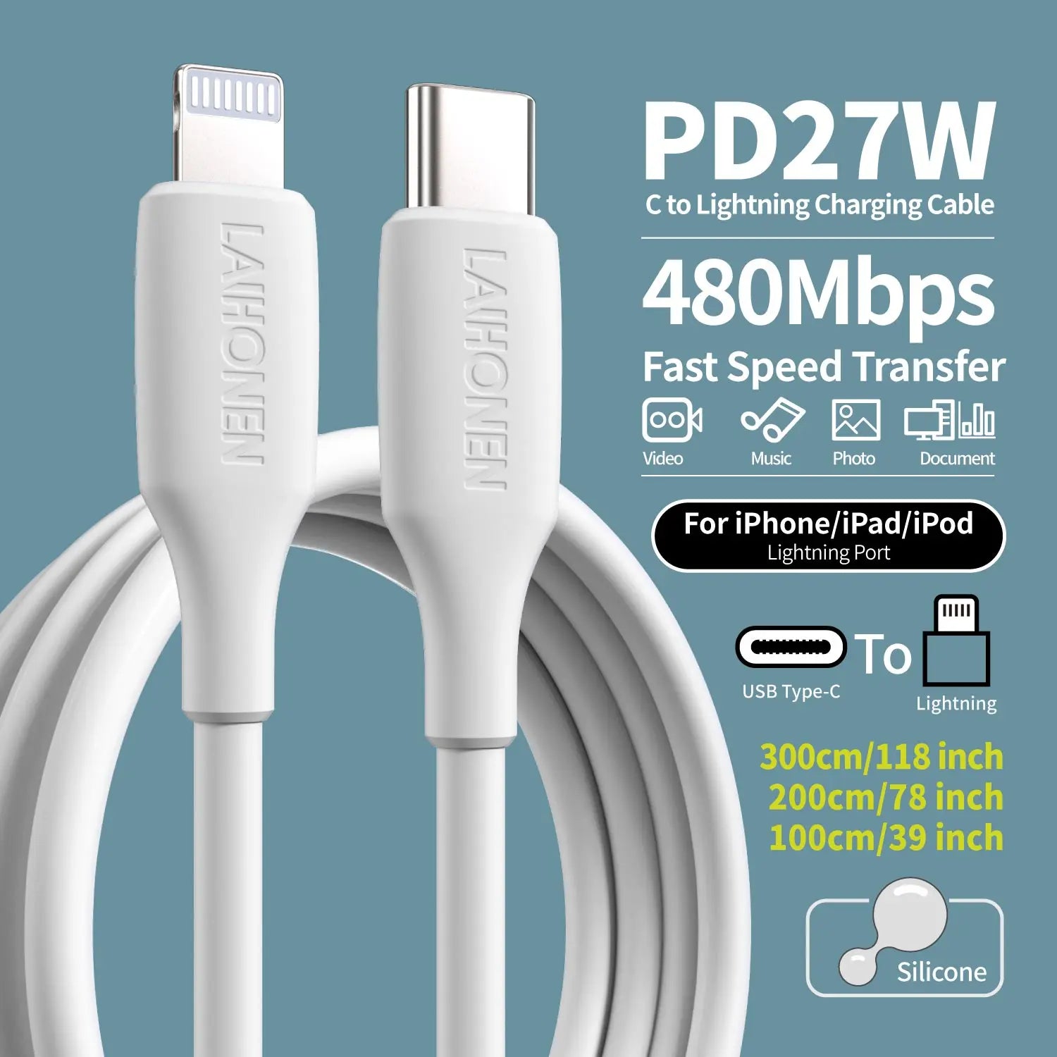 27W PD Fast Charging Cable USB-C to Lightning Silicone Data Cable in Macaron Pink, Soft Flexible for iPhone 14 13 12 11 Pro Max