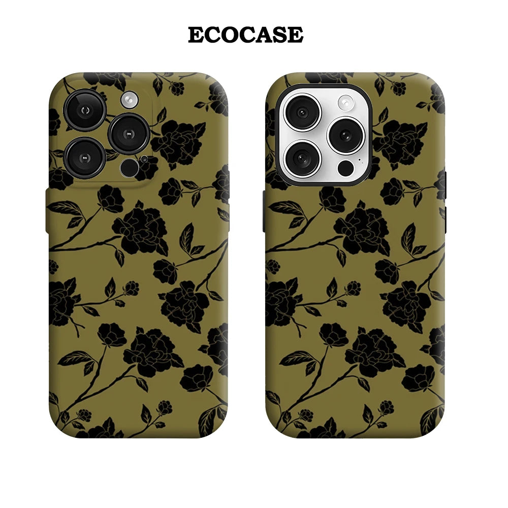 Black Floral on Olive IPhone17 Must-Haves Phone Case for IPhone 17 16 15 14 13 12 11 Pro Max Plus Double-layer Back Cover