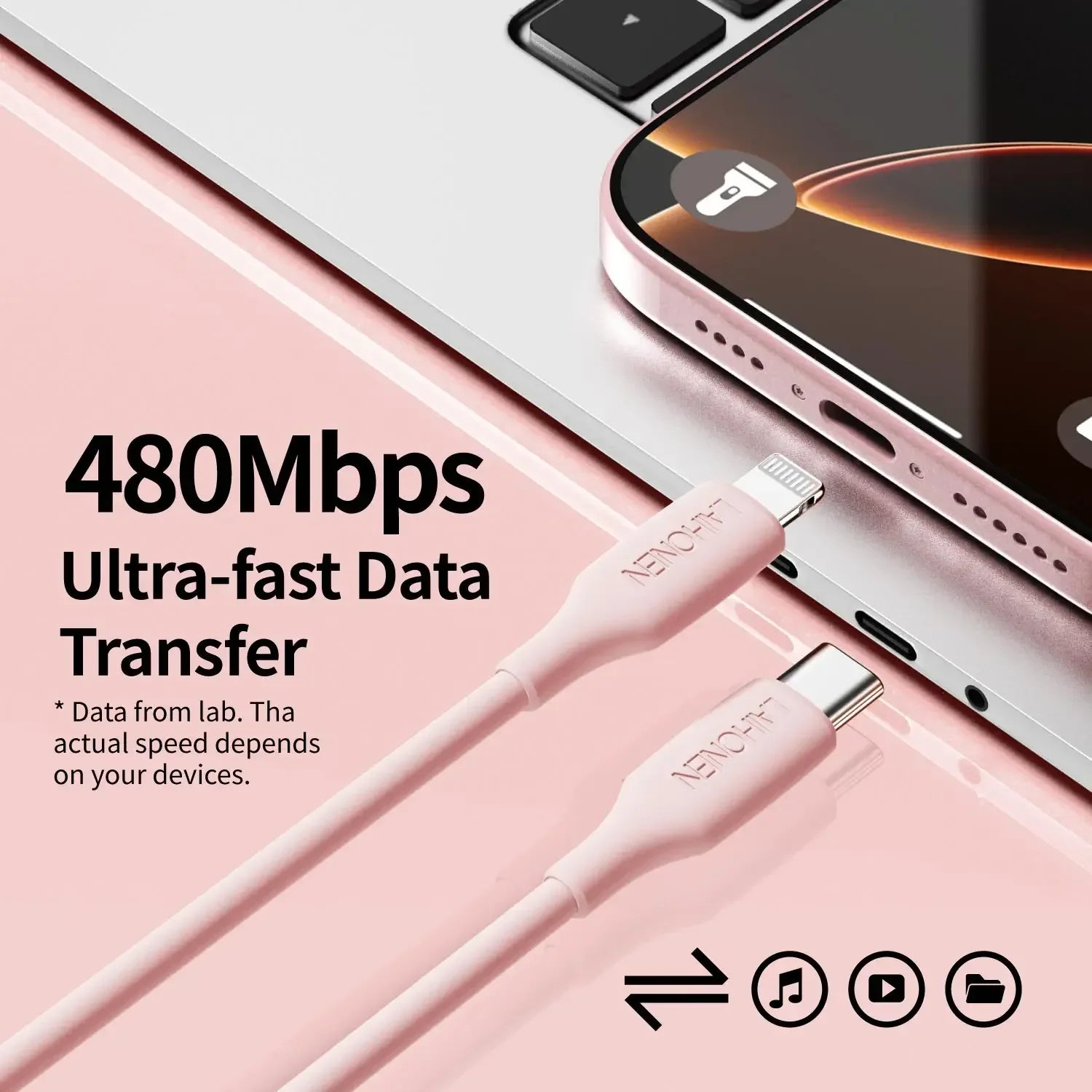 27W PD Fast Charging Cable USB-C to Lightning Silicone Data Cable in Macaron Pink, Soft Flexible for iPhone 14 13 12 11 Pro Max