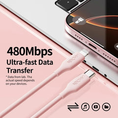 27W PD Fast Charging Cable USB-C to Lightning Silicone Data Cable in Macaron Pink, Soft Flexible for iPhone 14 13 12 11 Pro Max