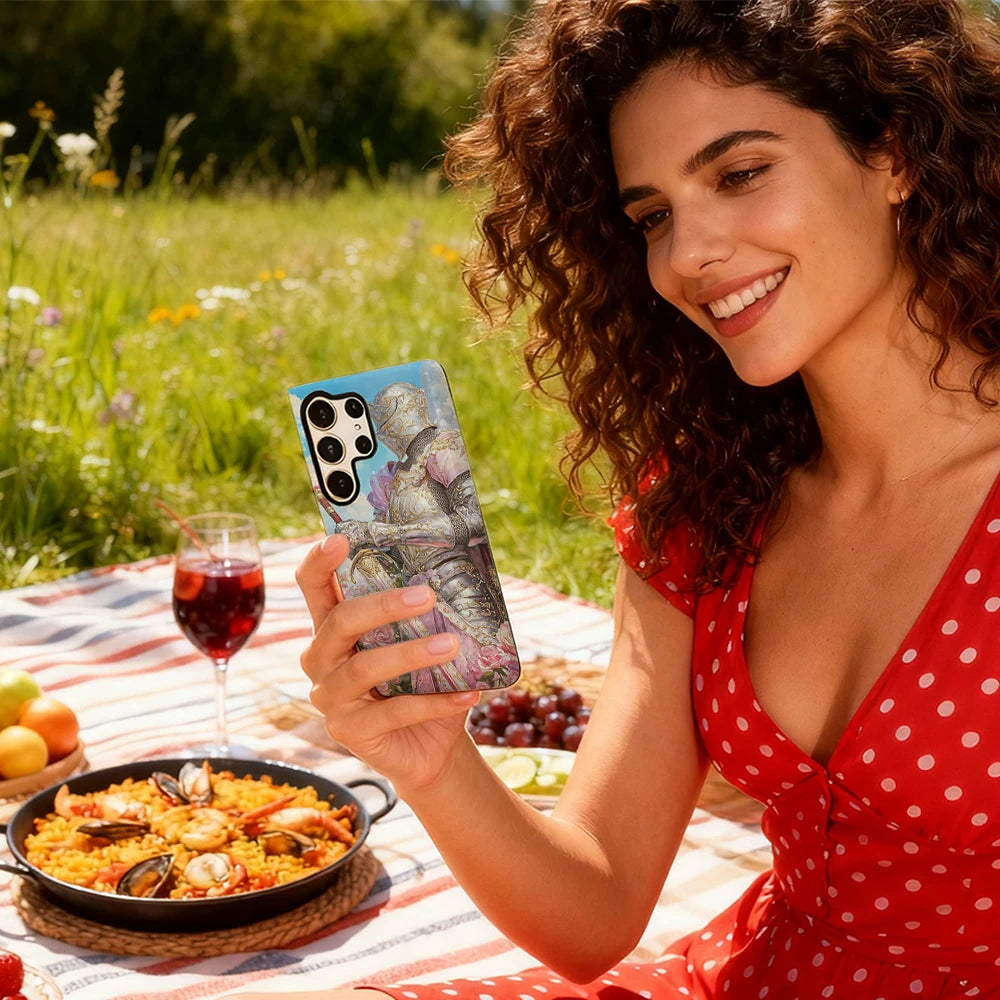 Knight in Rose Garden Phone Case for Samsung Galaxy S25 Ultra S24 S23 Ultra Plus Glossy Double-layer Back Cover