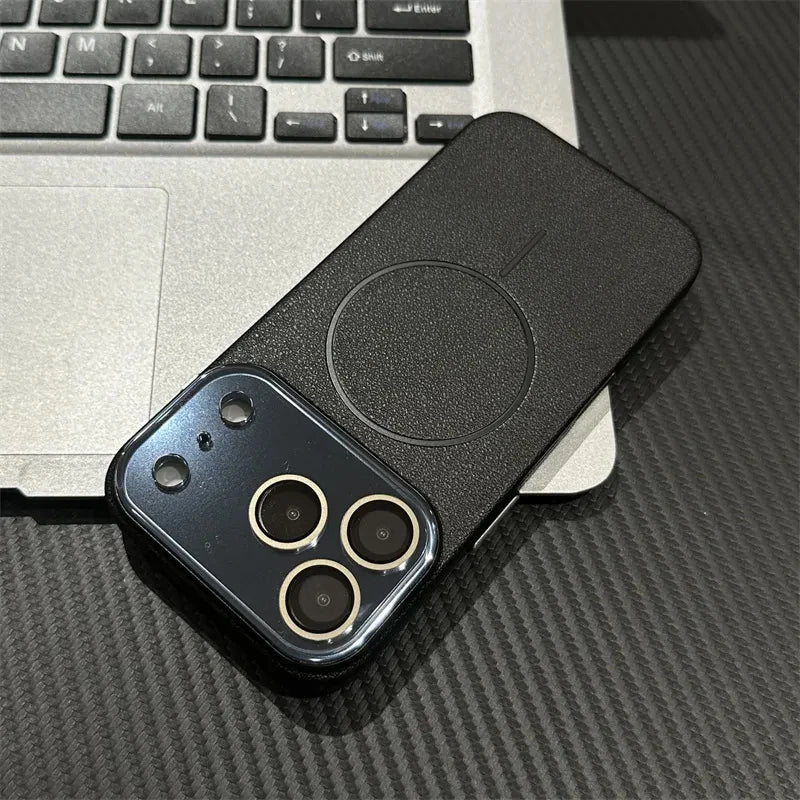 for Magsafe Case for iPhone 17 Air 15 16 14 13 Pro Max Natural Cowhide Lychee Leather Magnetic Protector Luxury Phone Back Cover