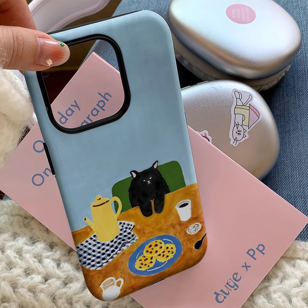 Cozy Black Cat Coffee Time IPhone17 Must-Haves Phone Case for IPhone 17 16 15 14 13 12 Pro Max Plus Double-layer Back Cover