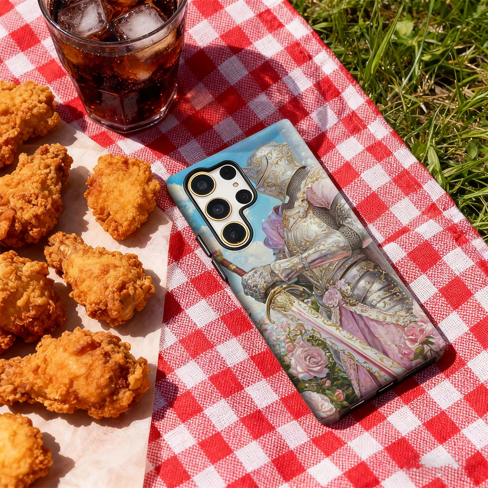 Knight in Rose Garden Phone Case for Samsung Galaxy S25 Ultra S24 S23 Ultra Plus Glossy Double-layer Back Cover