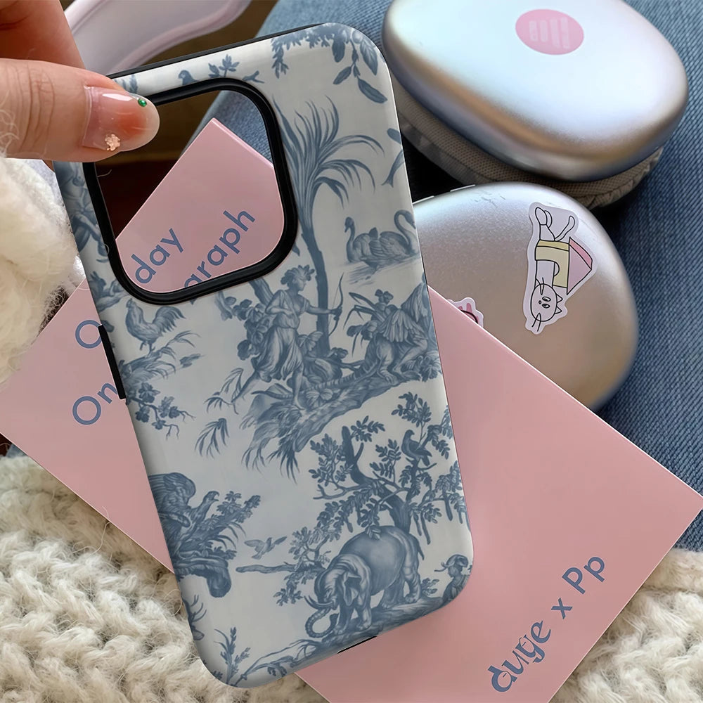 Blue Toile De Jouy IPhone17 Must-Haves Phone Case for IPhone 17 16 15 14 13 12 11 Pro Max Plus Double-layer Back Cover