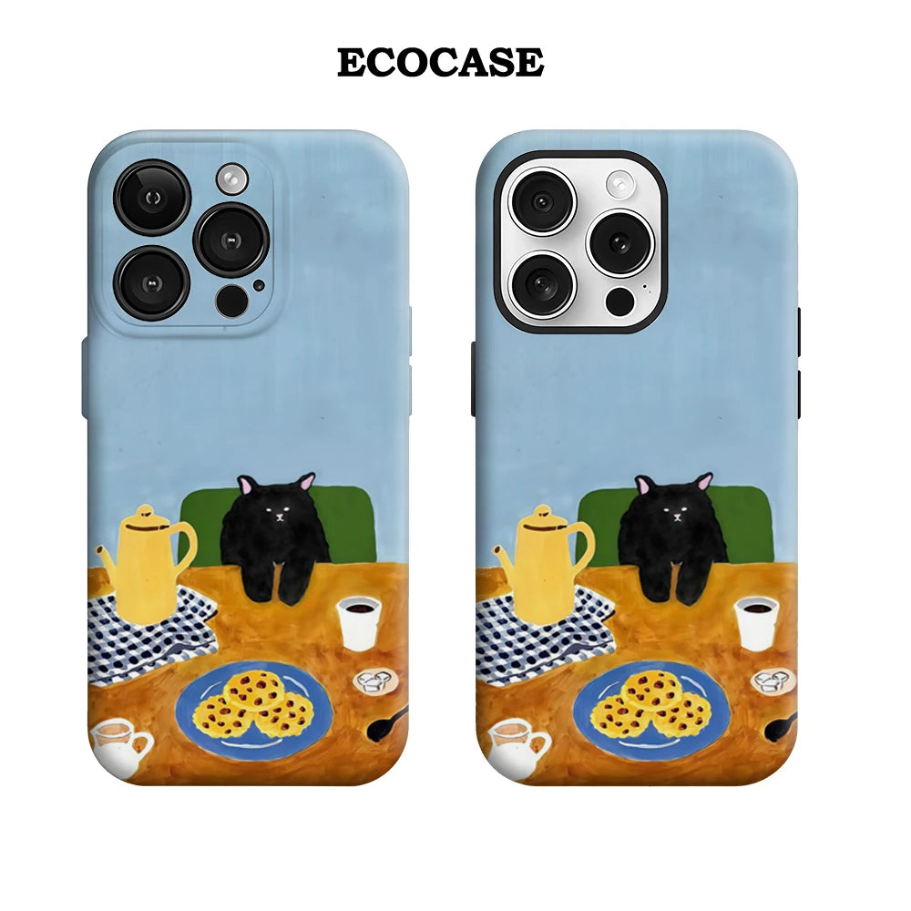 Cozy Black Cat Coffee Time IPhone17 Must-Haves Phone Case for IPhone 17 16 15 14 13 12 Pro Max Plus Double-layer Back Cover