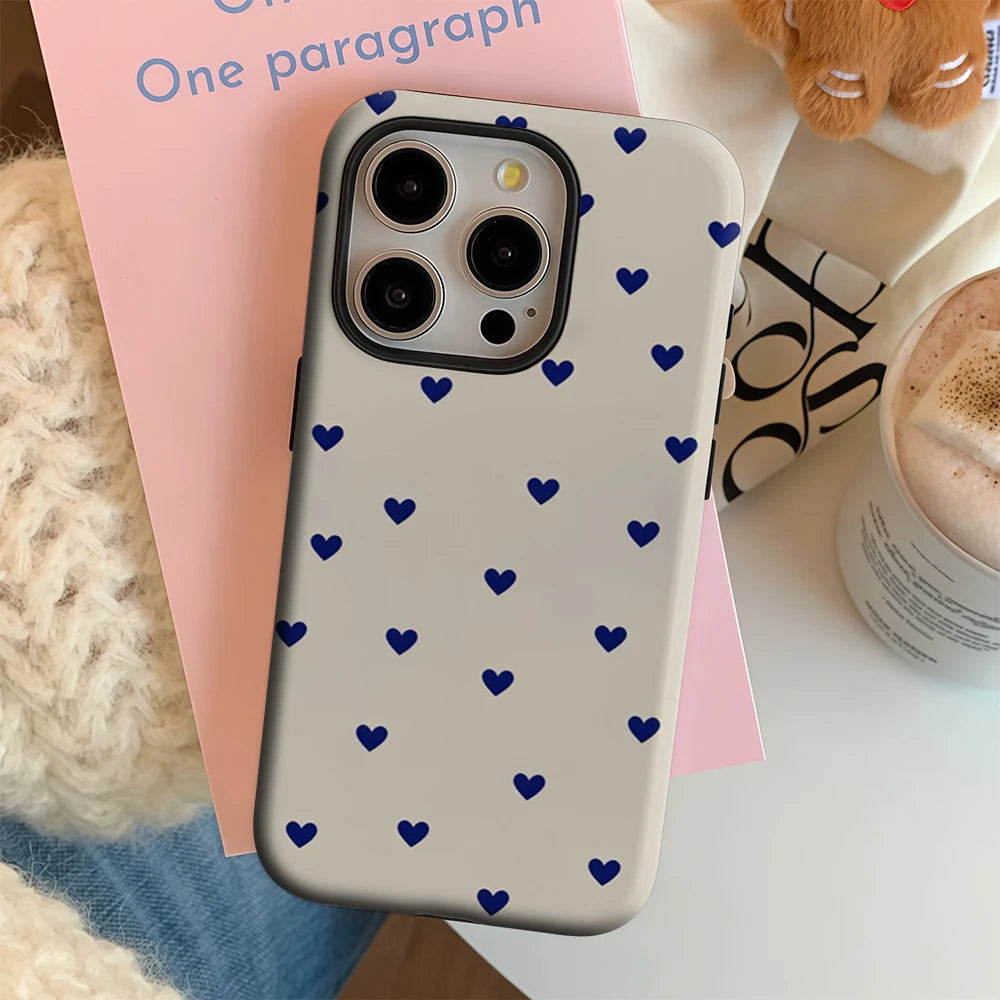 Vintage Navy Heart Ditsy IPhone17 Must-Haves Phone Case for IPhone 17 16 15 14 13 12 Pro Max Plus Double-layer Back Cover
