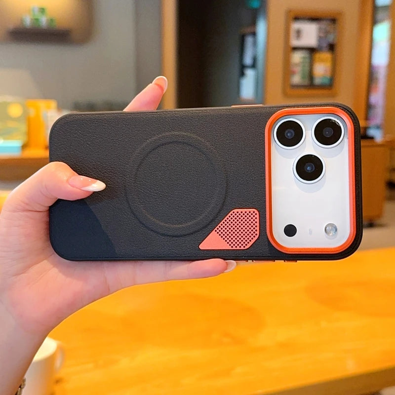 Business Magnetic Magsafe Phone Case For iPhone 17 Pro Max 17Pro 17Air High Quality PU Leather CPU Heat Dissipation Vent Cover