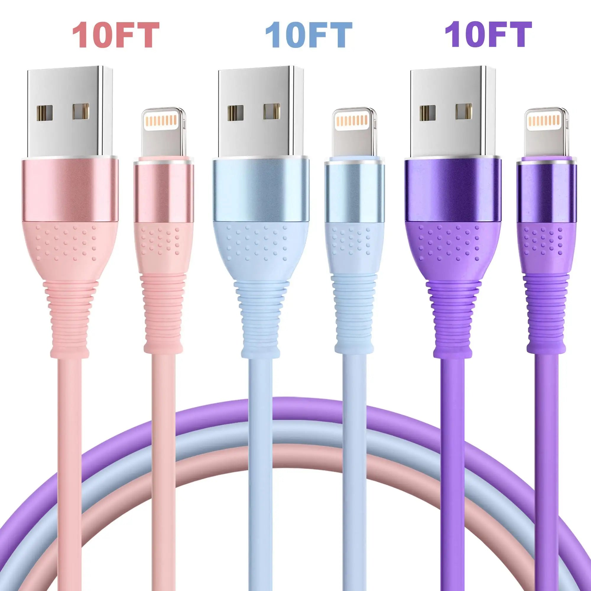 3-Pack Colorful Silicone USB fast charger Cable 10FT Fast Charging MFI Certified Data Cable for iPhone 5 6 7 8 X 12 13 14