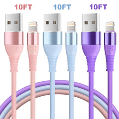 3-Pack Colorful Silicone USB fast charger Cable 10FT Fast Charging MFI Certified Data Cable for iPhone 5 6 7 8 X 12 13 14