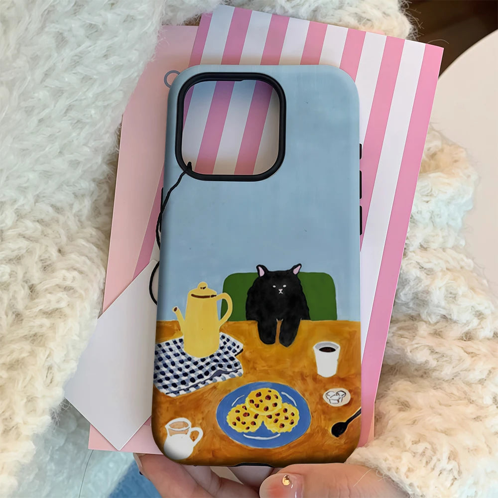 Cozy Black Cat Coffee Time IPhone17 Must-Haves Phone Case for IPhone 17 16 15 14 13 12 Pro Max Plus Double-layer Back Cover