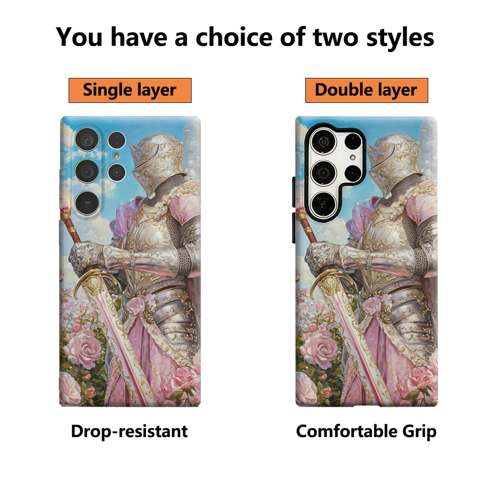 Knight in Rose Garden Phone Case for Samsung Galaxy S25 Ultra S24 S23 Ultra Plus Glossy Double-layer Back Cover