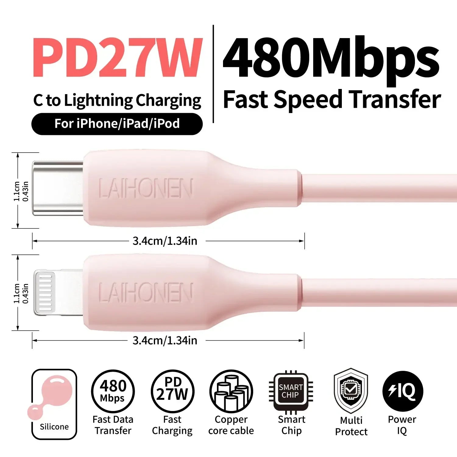 27W PD Fast Charging Cable USB-C to Lightning Silicone Data Cable in Macaron Pink, Soft Flexible for iPhone 14 13 12 11 Pro Max