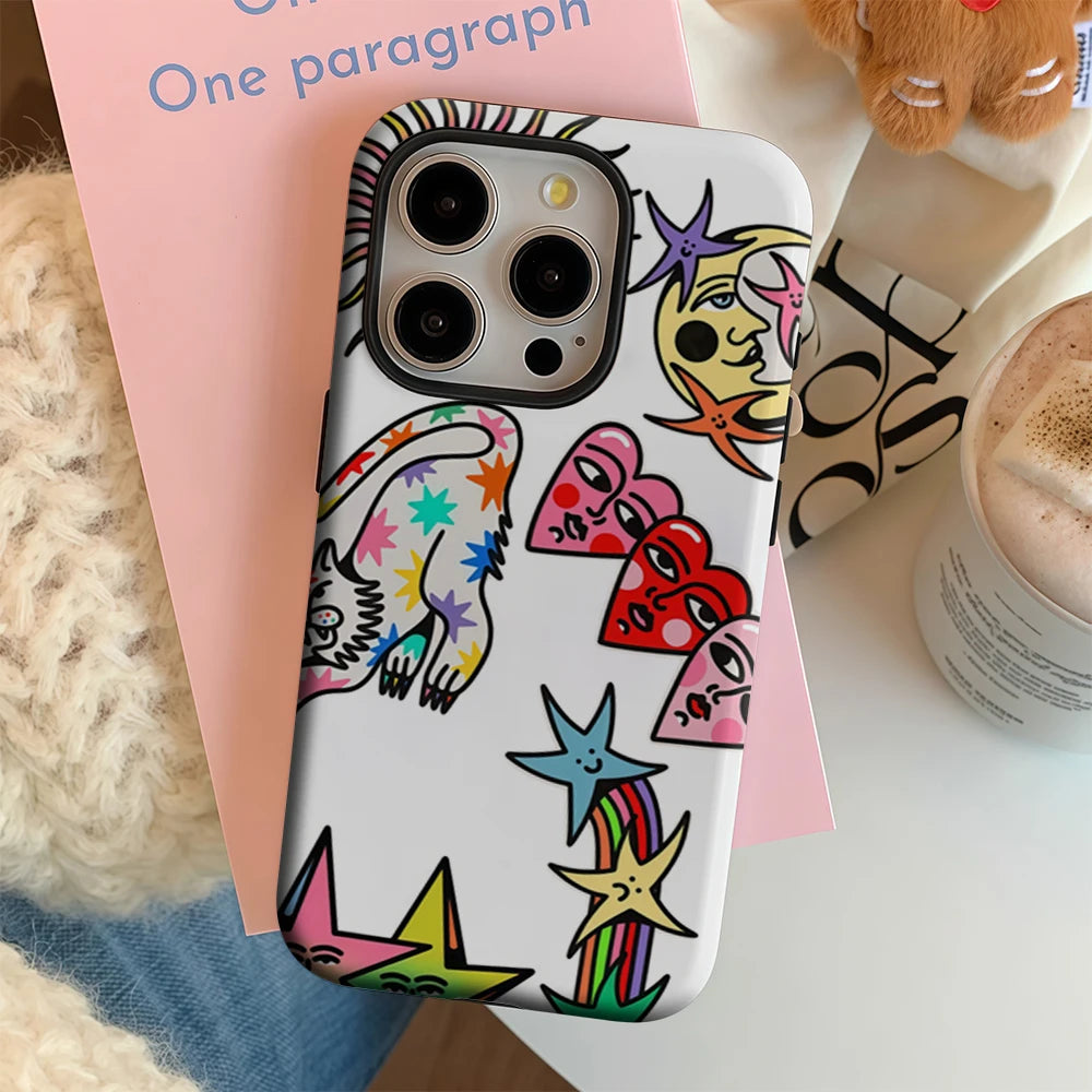 Personified Celestial Stickers IPhone17 Must-Haves Phone Case for IPhone 17 16 15 14 13 12 Pro Max Plus Double-layer Back Cover